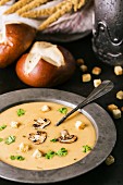 Cream of mushroom soup. Home-made, country style with sliced mushrooms.