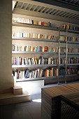 Seitenlicht auf minimalistisch gestaltete Bücherwand mit Metallleiter
