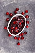 Cranberry jam and fresh cranberries (view from above)
