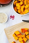 Ingredients for squash risotto: Hokkaido squash cut into small chunks, and risotto rice