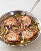 Sautéed Pork Chops and Peppers in Pan