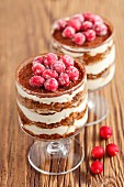 A layered dessert with gingerbread, mascarpone and candied cranberries