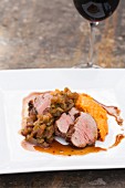 Pork Medallions, Apple Chutney and Mashed Sweet Potatoes with Gravy