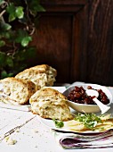 Savoury scones with spicy chutney and cheddar cheese