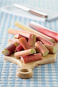 Sliced rhubarb on a chopping board