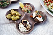 Vorspeisenplatte mit Hummus und Oliven (Arabien)