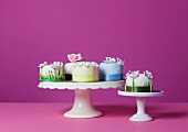 Several small celebration cakes on cake stands