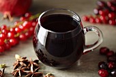 Mulled wine in a glass teacup