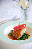 Roasted duck breast with rhubarb on green beans