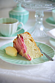 A slice of rhubarb cake on a pastel green plate
