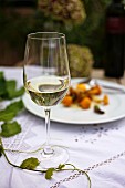 A glass of white wine on an autumnal table