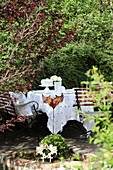 Table set with cake in garden