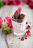 Raspberry cream yogurt with chocolate cake