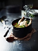 Chicken soup in a stock pot