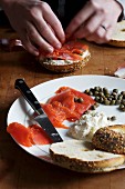 A Everything Bagel with Smoked Salmon, Cream Cheese and Capers