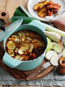 Hot pot (casserole, England) with beef, leek and root vegetables