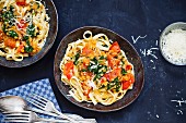 Ribbon pasta with lentils, tomatoes and cheese