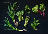 Still life featuring fresh, green vegetables