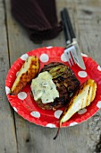 Entrecote steak with grilled pears