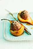 Caramel pears with chocolate ice cream
