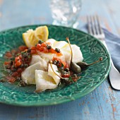 Cod fillet with tomato relish and capers