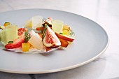 Fig Salad with fresh strawberries, melon, cucumber, compressed pineapple