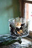 Pine needles and larch cones decorated tealight holder with double walls