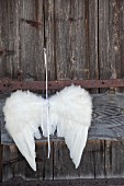 White angels-wing decoration hung on rustic wooden door