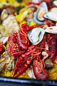 Paella with crayfish and mussels (close-up)