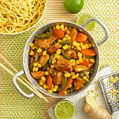 Chicken with ginger, limes and colourful vegetables