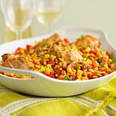 Chicken with rice, chorizo, sweetcorn and peppers (Spain)