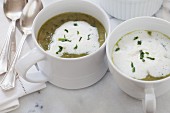 Watercress Soup with Fresh Cream and Chives and Silver Spoons