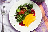 Mixed leaf salad with mango, tomatoes and a raspberry dressing