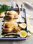 Two roast chickens with lemon, courgette and rosemary