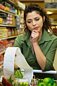 Hispanic woman reading list in grocery store
