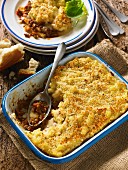 Cottage Pie in the dish and on a plate (England)