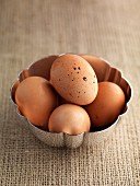 Brown eggs in a metal bowl