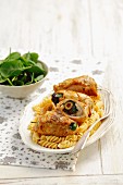Rolled strips of turkey stuffed with olives, sundried tomatoes and spinach, served with pasta