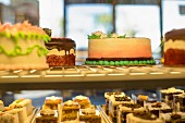 Cakes on display in a bakery