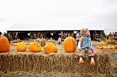 A child sitting on a hay bale next to a row of pumpkins