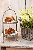 Slices of Bundt cake on a cake stand next to a basket of spring flowers