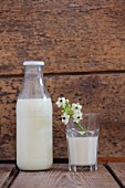 Milchflasche und Milchglas mit Milchstern vor Holzwand