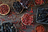 Assortment of Dried Hot Peppers, High Angle View