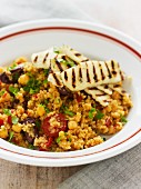 Couscous with chickpeas, chorizo and grilled haloumi