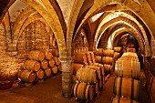 Weinfässer altern im Cave de la Reine Jeanne aus dem 14. Jahrhundert, Arbois, Jura, Frankreich