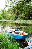Hellblaues Ruderboot mit Picknick-Utensilien zwischen Schilfpflanzen auf einem Weiher