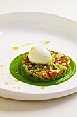 Salmon trout tartar with fennel and cucumber served on a bed of young peas with lemon balm ice cream