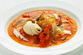 Sole fillet in tomato broth with wholemeal pasta