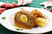 Stuffed meatloaf with mashed potatoes