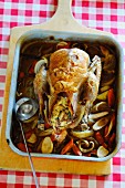 Stuffed roast chicken on a bed of vegetables in a roasting tin